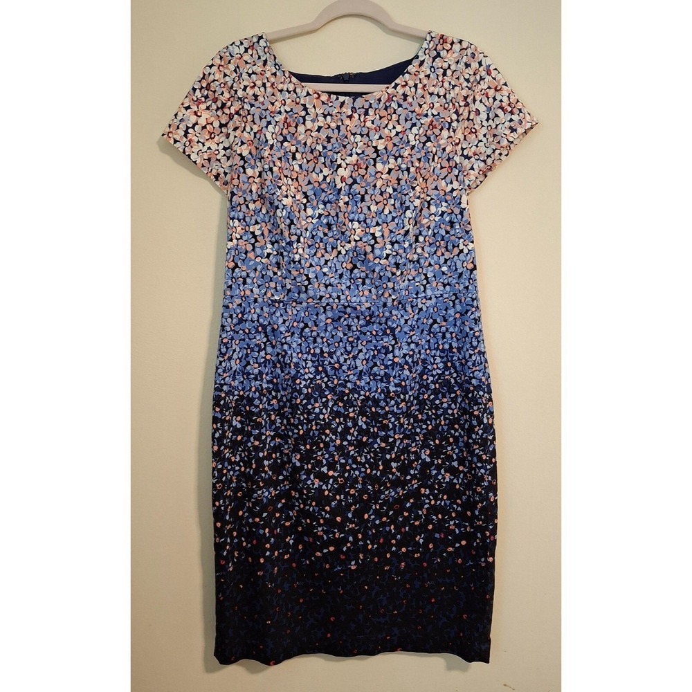 Talbots Womens 10 Sheath Dress Blue Ombre Floral Cotton Blend Short Sleeve